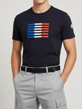 MONCLER Maglia Tricolor Flag Logo T-Shirt Navy
